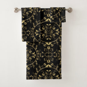 Gold Floral Damask on Black Towel Set