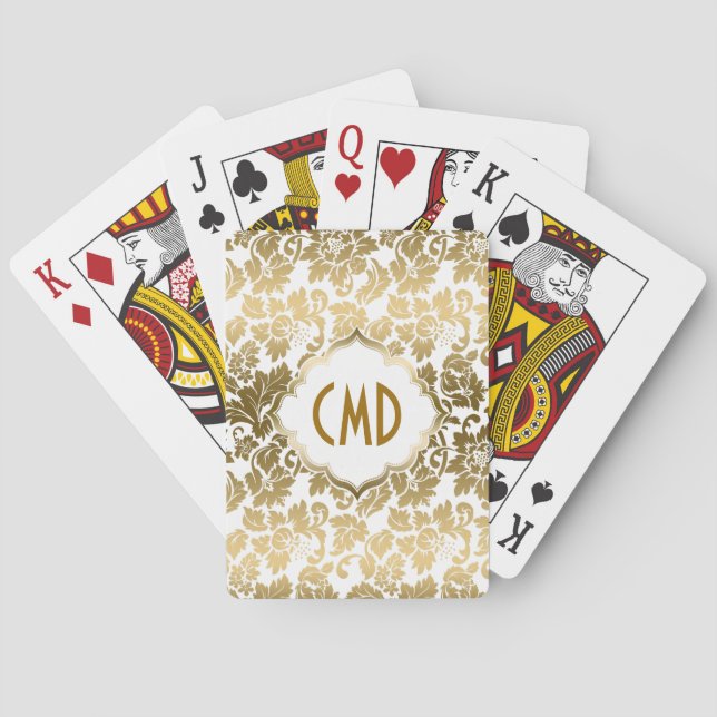Gold Floral Damask Over White Background Playing Cards (Back)