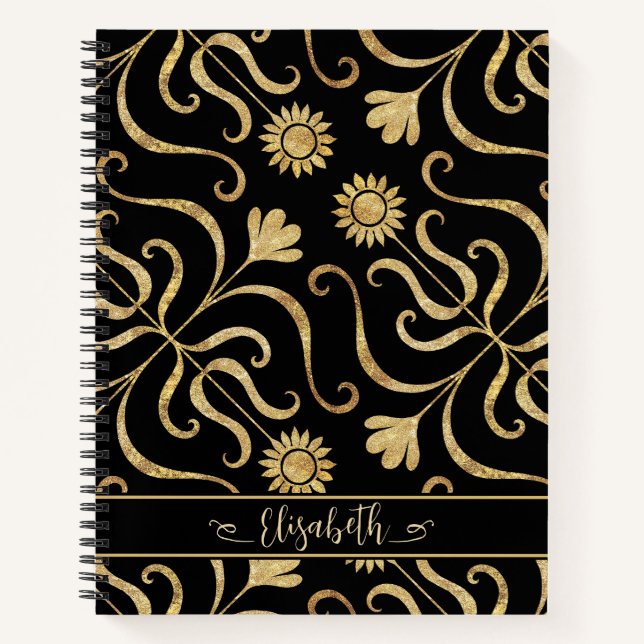 Gold Floral Damask Sunflower Classy Black Folk Art Notebook (Front)