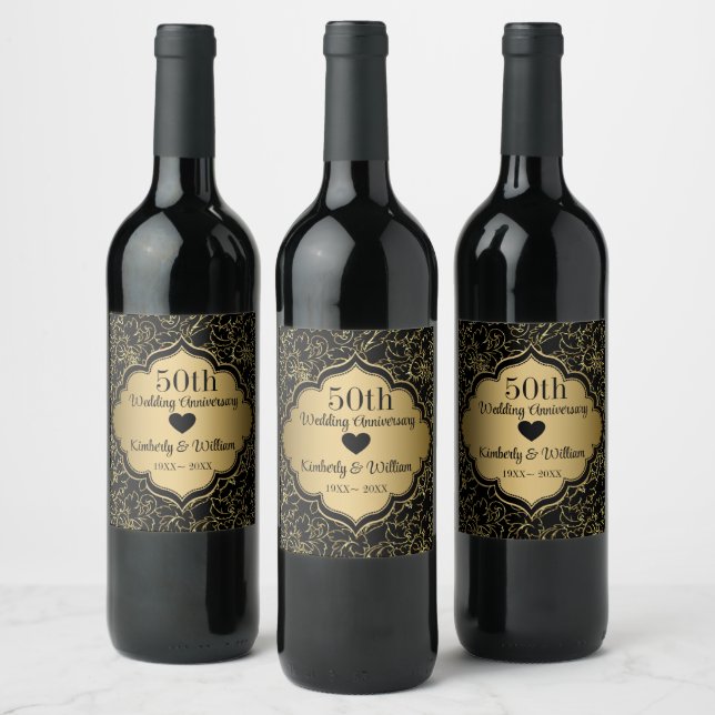 Gold Floral Damask Wedding Anniversary Wine Label (Bottles)