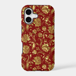 Gold Floral Damasks Burgundy Background
