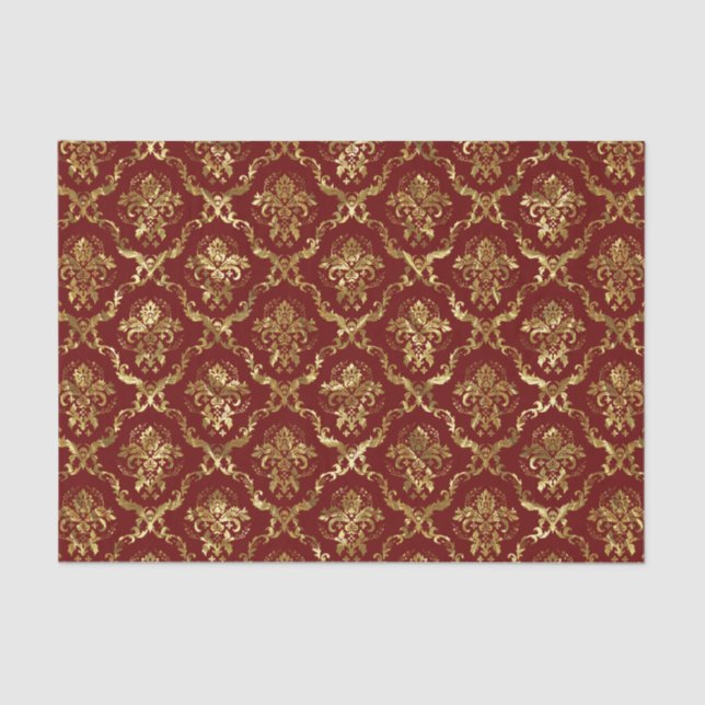 Gold Floral Damasks & Custom Dark_Red Background Tissue Paper (Front)