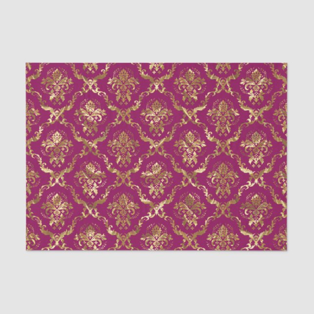 Gold Floral Damasks & Custom Deep Pink Background Tissue Paper (Front)