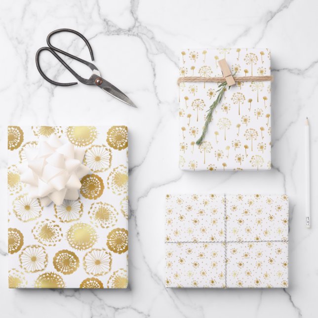 Gold Floral Dandelion Wrapping Paper Sheet (Front)