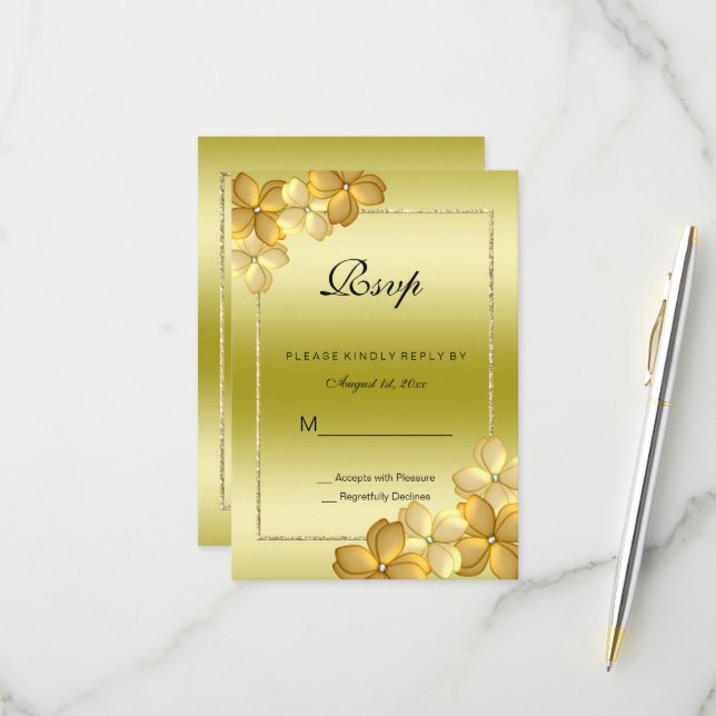 Gold Floral Decoration & Glitter 60th Birthday  RS RSVP Card (Front/Back In Situ)
