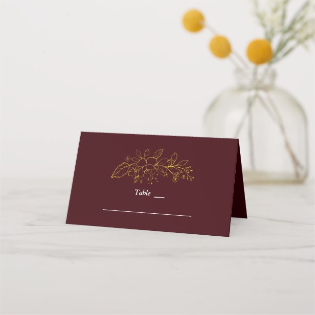 Gold Floral Deep Burgundy Wedding Table Number Place Card (Front)