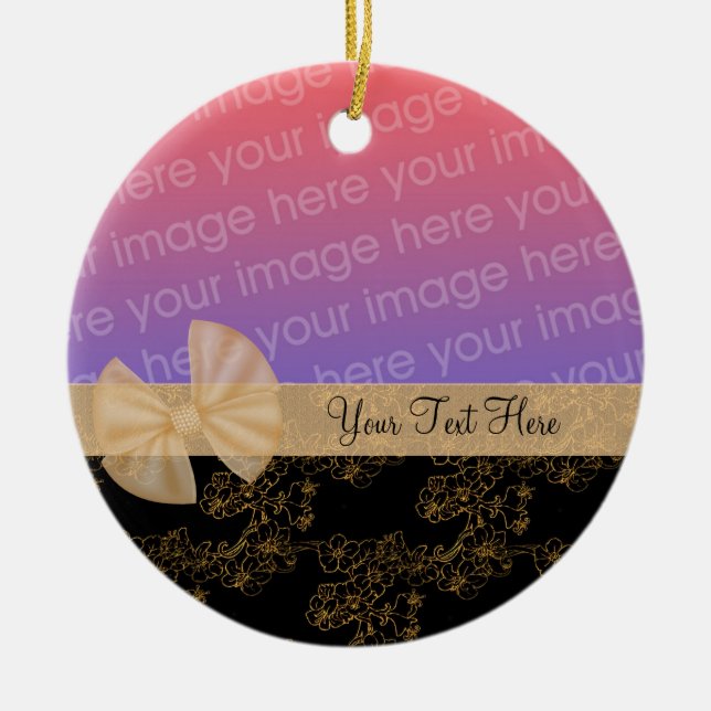 Gold Floral Design Ribbon Photo Ornament (Front)