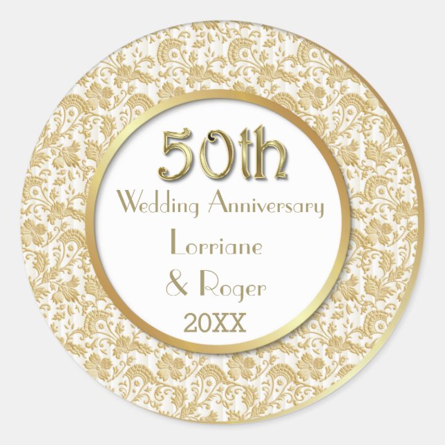 Gold Floral Elegance 50th Wedding Anniversary Classic Round Sticker (Front)