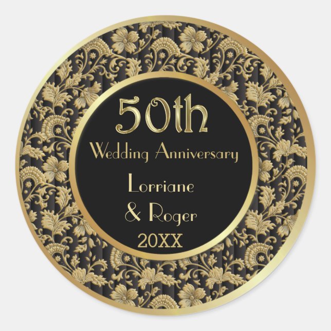 Gold Floral Elegance 50th Wedding Anniversary Classic Round Sticker (Front)