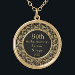 Gold Floral Elegance 50th Wedding Anniversary Gold Plated Necklace<br><div class="desc">Gorgeous gold and black fiftieth Wedding Anniversary keepsake necklace with elegant,  detailed gold floral lace border. Customize the name and date text with your information. Matching Anniversary invitations,  stickers and more in my store.</div>
