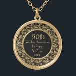 Gold Floral Elegance 50th Wedding Anniversary Gold Plated Necklace<br><div class="desc">Gorgeous gold and black fiftieth Wedding Anniversary keepsake necklace with elegant,  detailed gold floral lace border. Customize the name and date text with your information. Matching Anniversary invitations,  stickers and more in my store.</div>