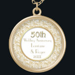 Gold Floral Elegance 50th Wedding Anniversary Gold Plated Necklace<br><div class="desc">Gorgeous gold and white fiftieth Wedding Anniversary Necklace with detailed gold floral lace over white border and white centre with gold circle accent. Customize the names and date text with your information.  Matching Anniversary invitations,  ornament and more in my store.</div>
