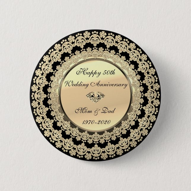 Gold Floral Elegant Black 50th Wedding Anniversary 2 Inch Round Button (Front)