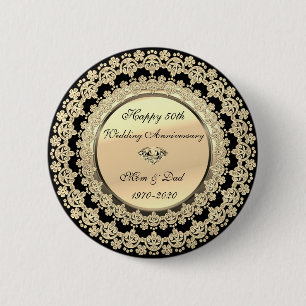Gold Floral Elegant Black 50th Wedding Anniversary 2 Inch Round Button
