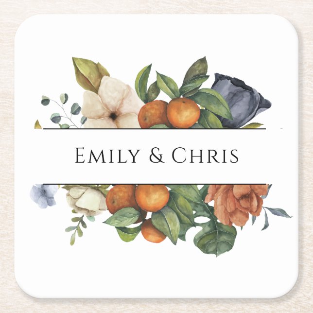 Gold Floral | Elegant Eucalyptus Greenery Square Paper Coaster (Front)