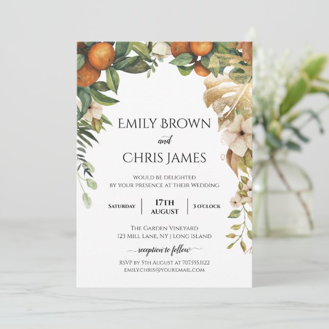 Gold Floral | Elegant Eucalyptus Greenery Wedding Invitation (Standing Front)