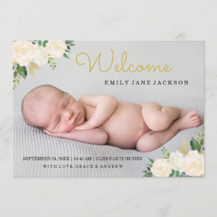 Gold Floral Elegant Photo Birth Announcement