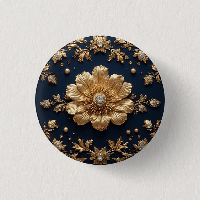 Gold Floral Embellishment 1 Inch Round Button (Front)