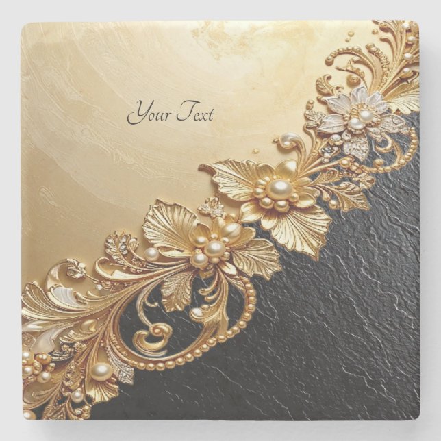 Gold Floral Embellishments Stone Coaster (Front)