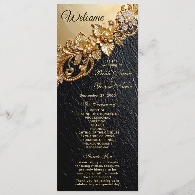 Gold Floral Embellishments Wedding Program (Front)