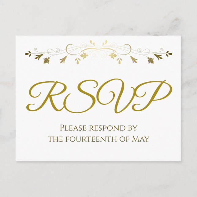Gold Floral Filigree Border Elegant Wedding RSVP Postcard (Front)