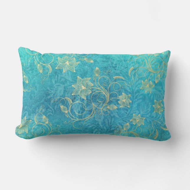 Gold Floral Filigree on Turquoise Lumbar Pillow (Front)