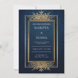 Gold Floral Frame Navy Wedding Invite