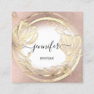 Gold Floral Frame QRCode Logo Rose White Square Business Card
