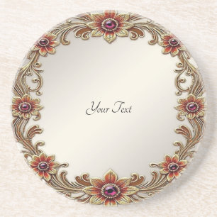 Gold Floral Frame with Red Stone Sandstone Coaster