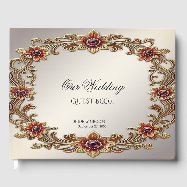 Gold Floral Frame with Red Stones Guest Book (Front)