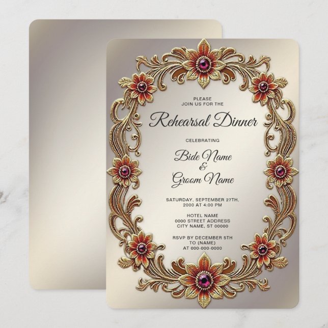 Gold Floral Frame with Red Stones Rehearsal Dinner Invitation (Front/Back)