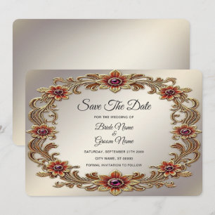 Gold Floral Frame with Red Stones Save The Date