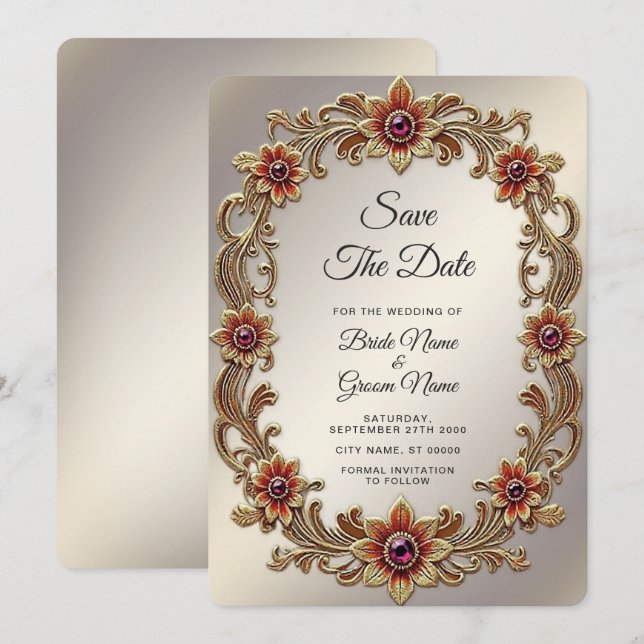 Gold Floral Frame with Red Stones Save the Date (Front/Back)