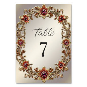 Gold Floral Frame with Red Stones Table Number