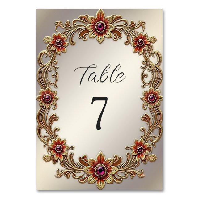Gold Floral Frame with Red Stones Table Number (Front)