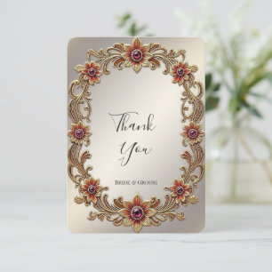 Gold Floral Frame with Red Stones Thank You Card