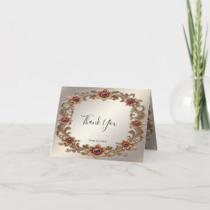 Gold Floral Frame with Red Stones Thank You Card