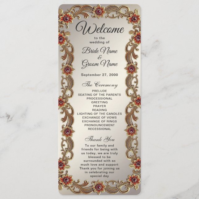 Gold Floral Frame with Red Stones Wedding Program (Front)