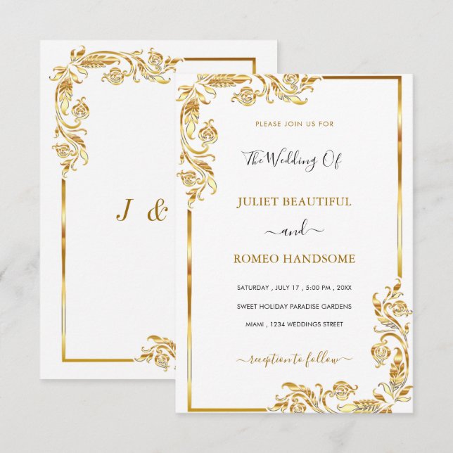 Gold Floral Framed Wedding Invitation Template (Front/Back)
