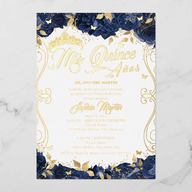 Gold Floral Garden Navy Mis Quince Quinceanera  (Front)