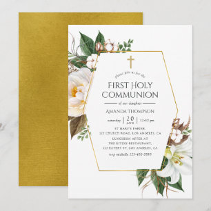 Gold Floral Geometric First Holy Communion Invitation
