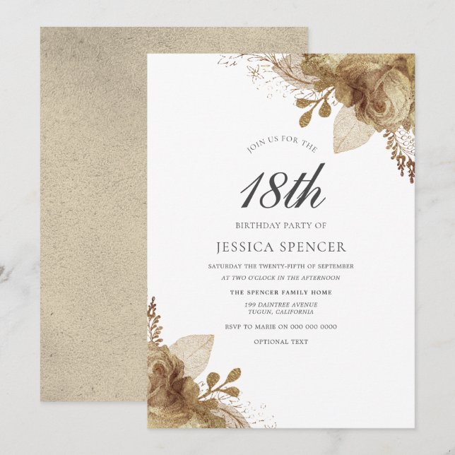Gold Floral Girls Boys 18th Birthday Party Invite (Front/Back)