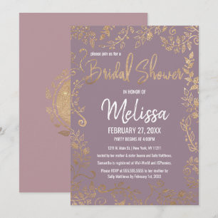 Gold Floral Glitter Mauve Lilac Bridal Shower Invitation