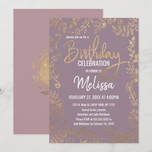 Gold Floral Glitter Ombre Mauve Lilac Birthday Invitation