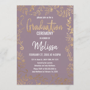 Gold Floral Glitter Ombre Mauve Lilac Graduation Invitation