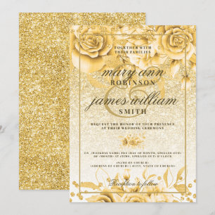 Gold Floral Glitter Sparkle Elegant Glam Wedding Invitation
