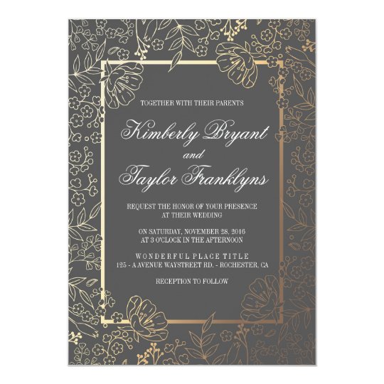 Gold Floral Grey Vintage Wedding Invitation