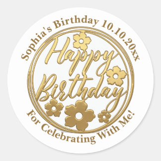 Gold Floral Happy Birthday I Custom Name & Date Classic Round Sticker