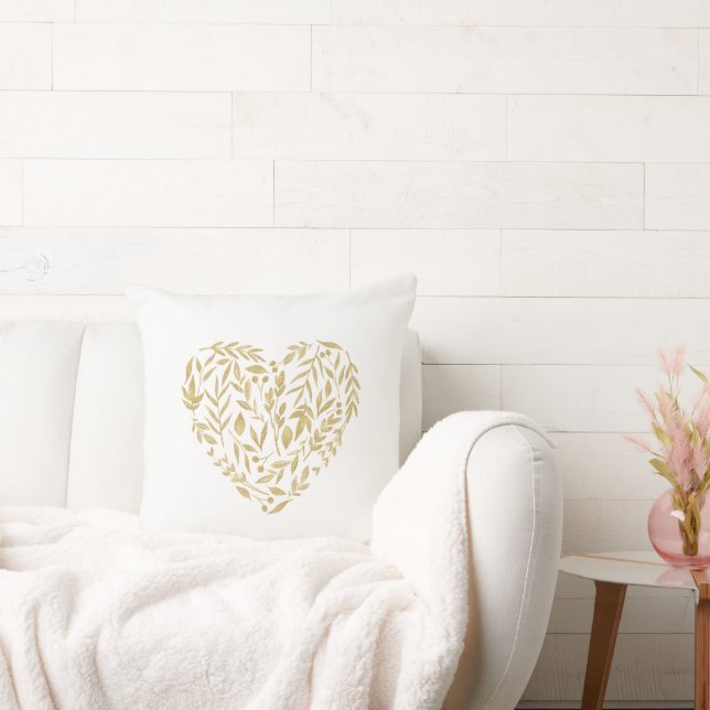 Gold Floral Heart Text Love Wedding Valentine Chic Throw Pillow (Couch)