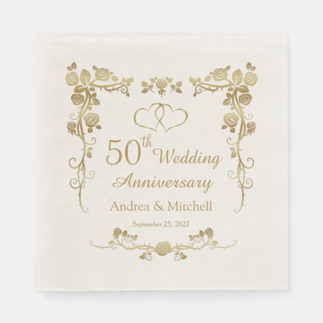 Gold Floral Hearts 50th Wedding Anniversary  Napkin (Front)
